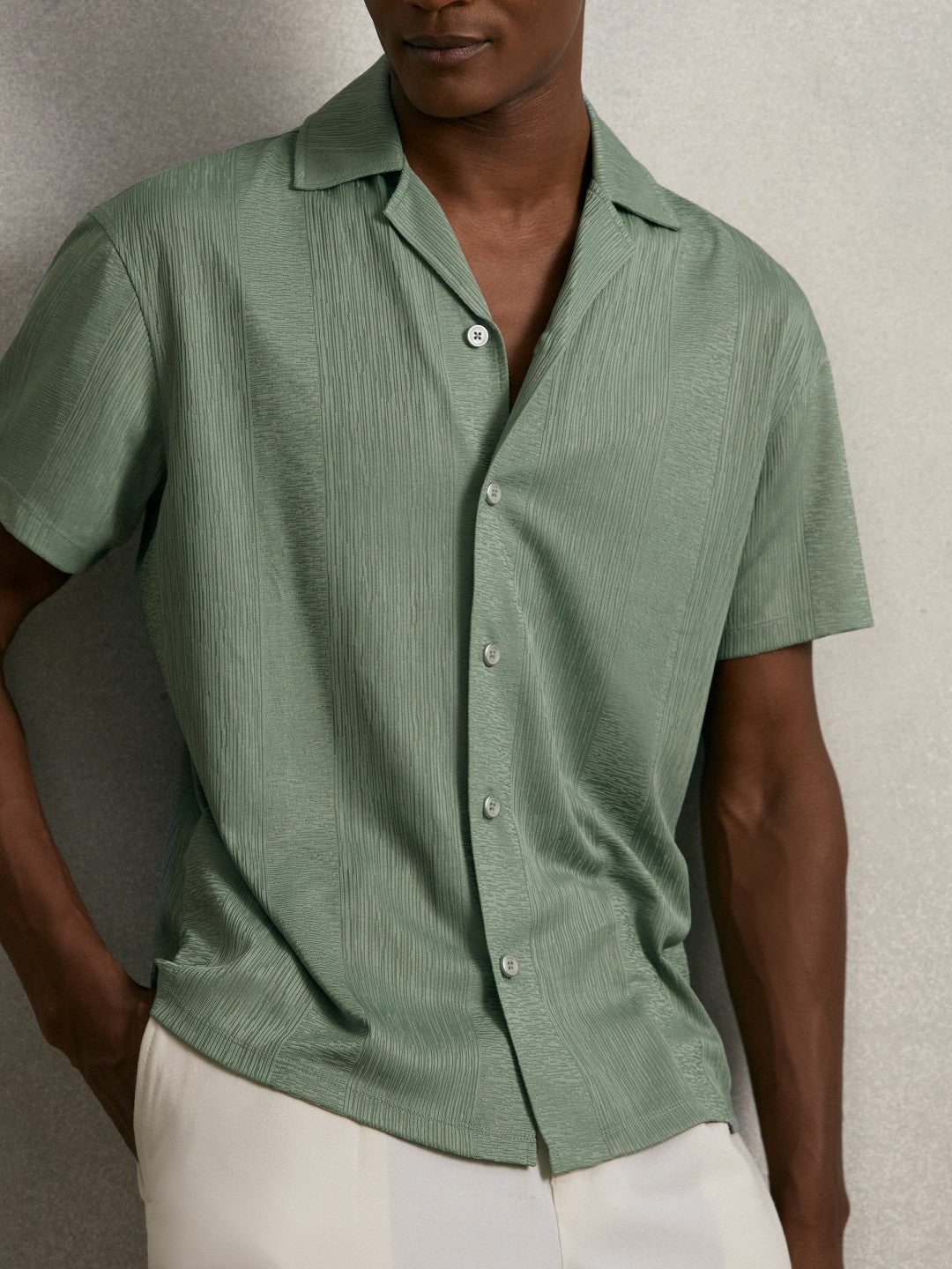 Reiss Jacquard-Stripe Cuban-Collar Shirt in Mint Green