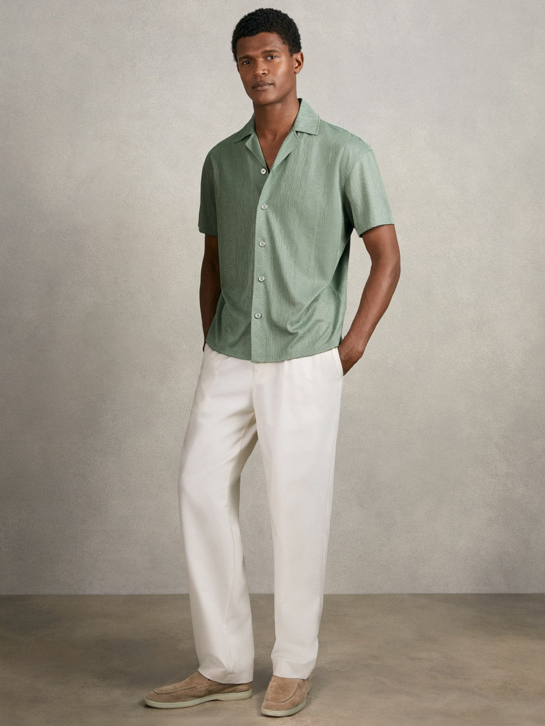 Reiss Jacquard-Stripe Cuban-Collar Shirt in Mint Green