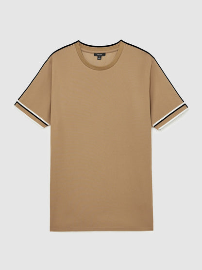 Reiss Savings - Textured Crew-Neck Tipped T-Shirt in Camel Brown