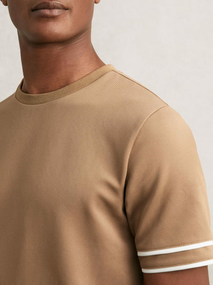 Reiss Savings - Textured Crew-Neck Tipped T-Shirt in Camel Brown