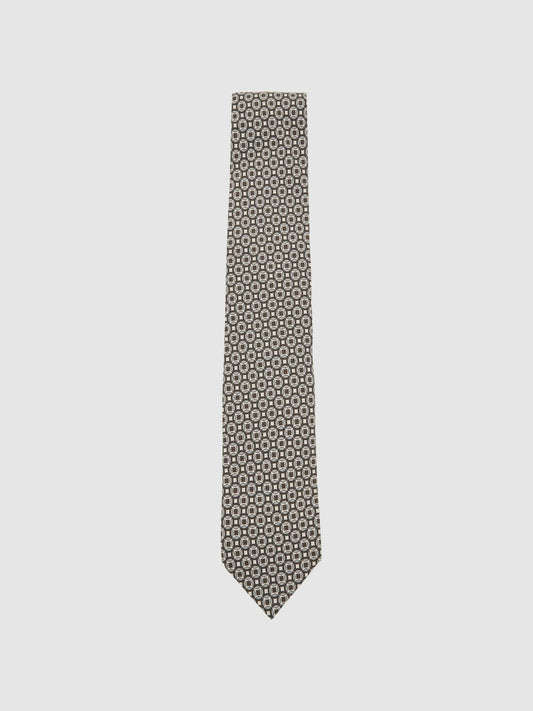 Reiss Value - Silk Geometric-Print Tie in Chocolate Brown Multi