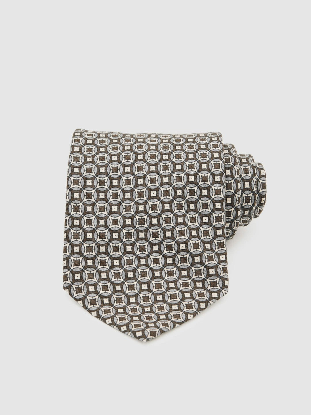 Reiss Value - Silk Geometric-Print Tie in Chocolate Brown Multi