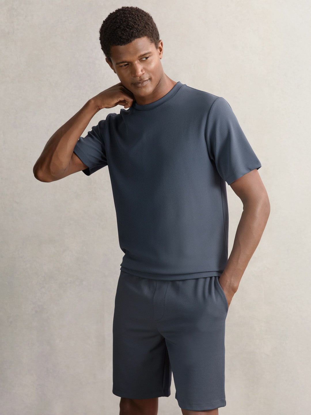 Reiss Featured - Textured Crew-Neck T-Shirt in Airforce Blue