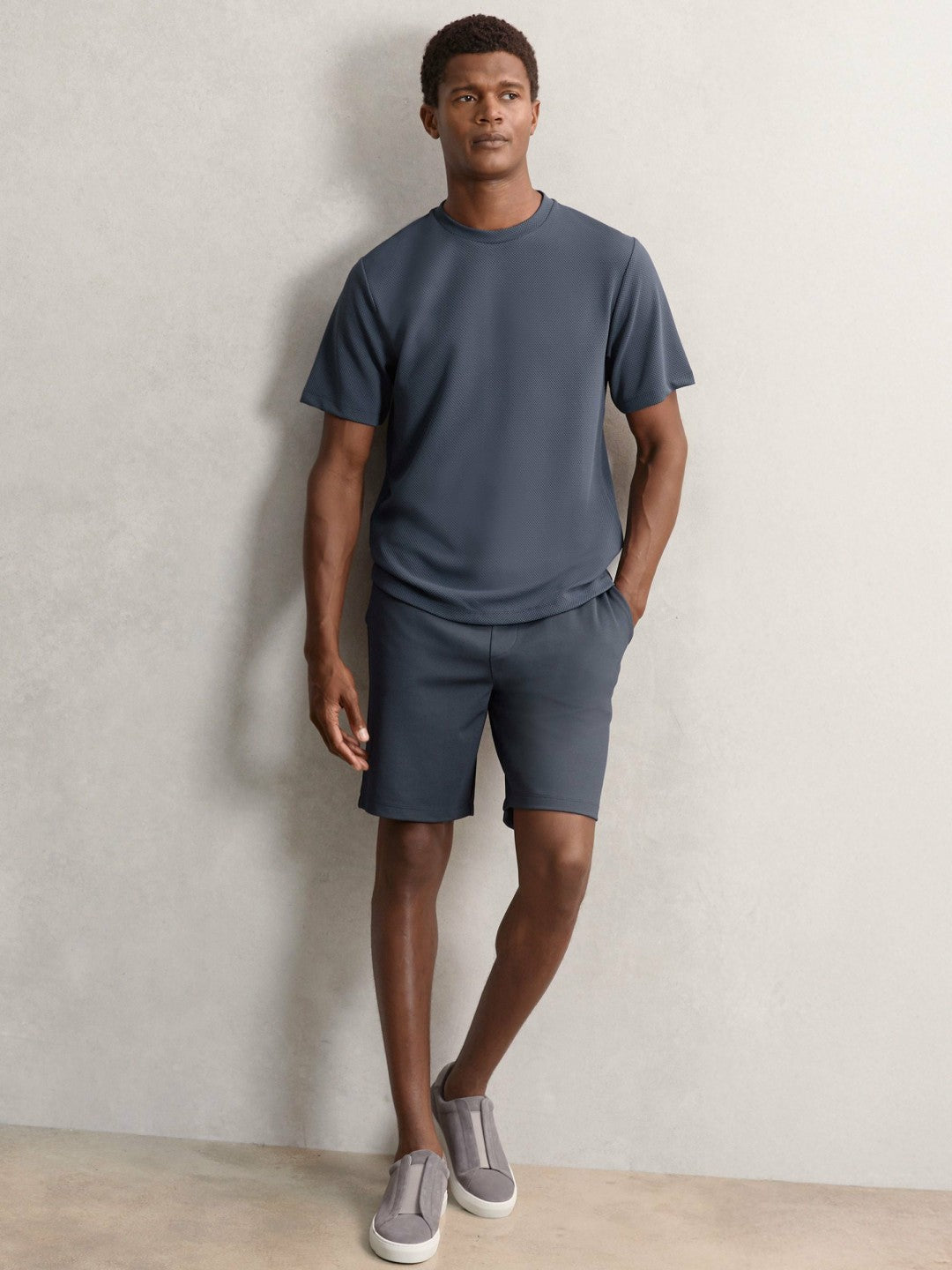 Reiss Featured - Textured Crew-Neck T-Shirt in Airforce Blue
