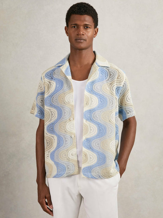Reiss Savings - Wave Crochet Cuban Collar Shirt in Blue Multi