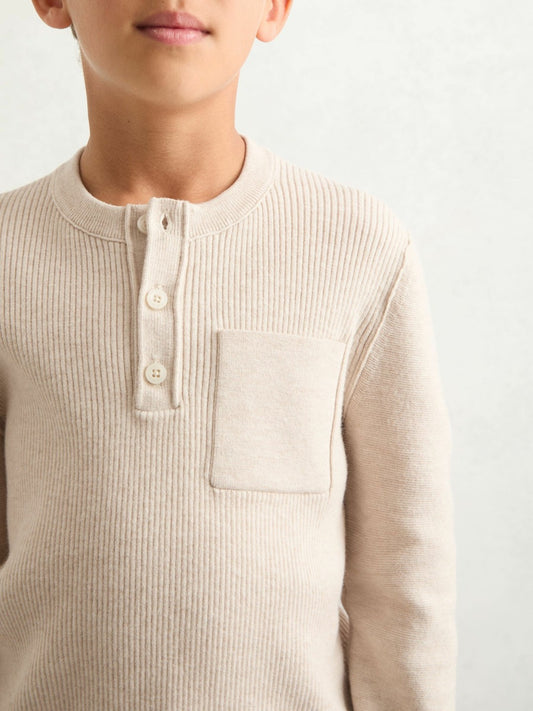 Reiss Featured - 9-13 yrs Cotton-Blend Rib-Knit Henley Top in Oatmeal Melange