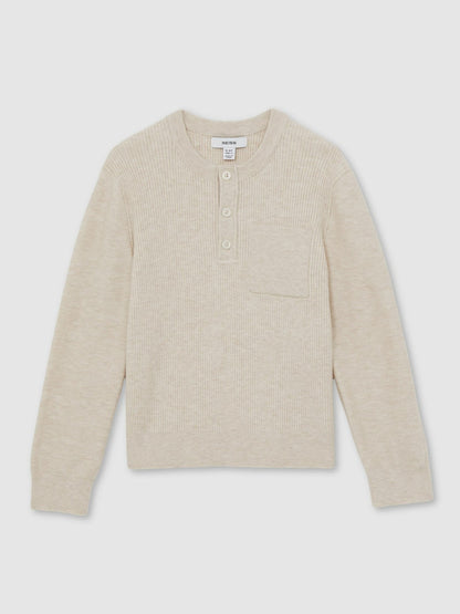 Reiss Featured - 9-13 yrs Cotton-Blend Rib-Knit Henley Top in Oatmeal Melange