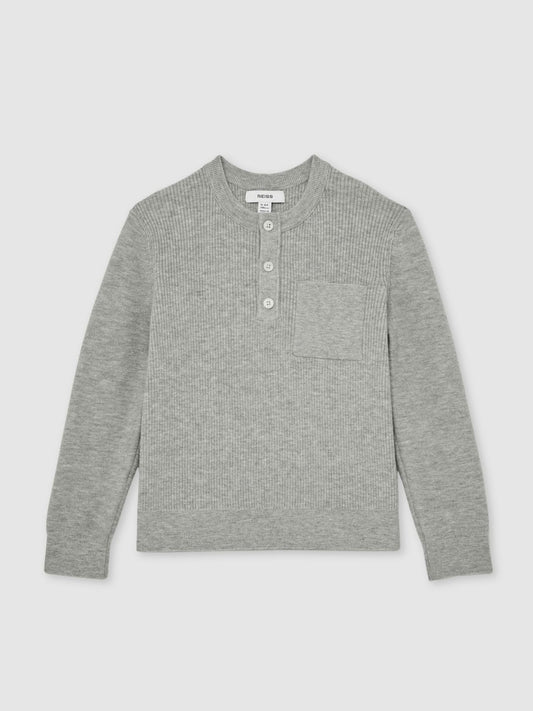 Reiss Affordable - 3-9 yrs Cotton-Blend Rib-Knit Henley Top in Mid Grey Melange