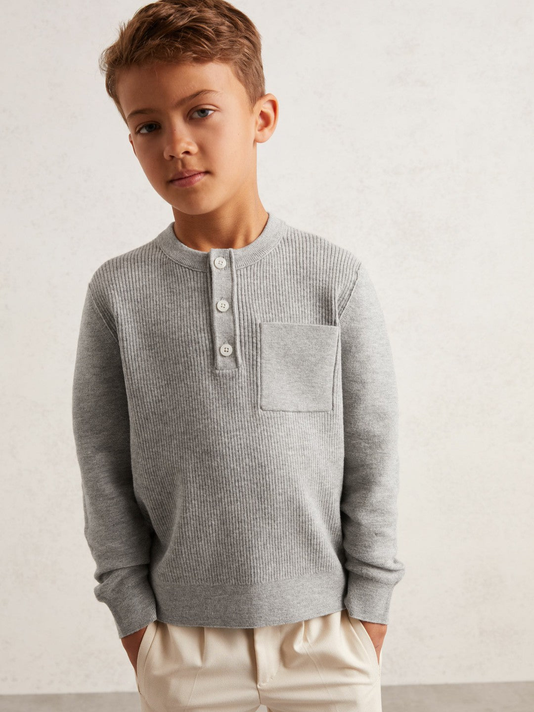 Reiss Affordable - 3-9 yrs Cotton-Blend Rib-Knit Henley Top in Mid Grey Melange
