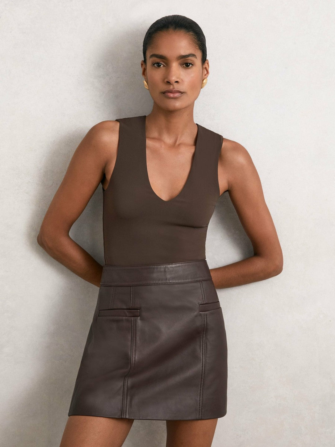 Reiss Savings - V-Neck Sleeveless Bodysuit in Chocolate Brown
