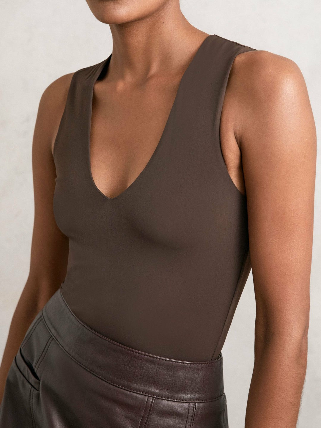 Reiss Savings - V-Neck Sleeveless Bodysuit in Chocolate Brown
