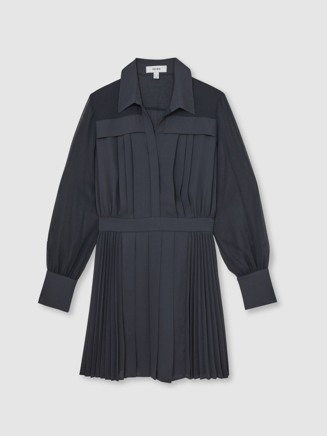 Reiss Deal - Pleated Sheer-Sleeve Mini Dress in Navy