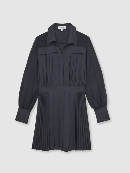 Reiss Deal - Pleated Sheer-Sleeve Mini Dress in Navy