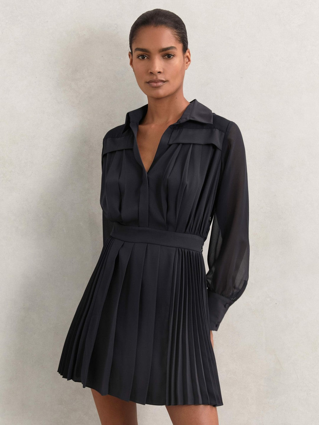 Reiss Deal - Pleated Sheer-Sleeve Mini Dress in Navy