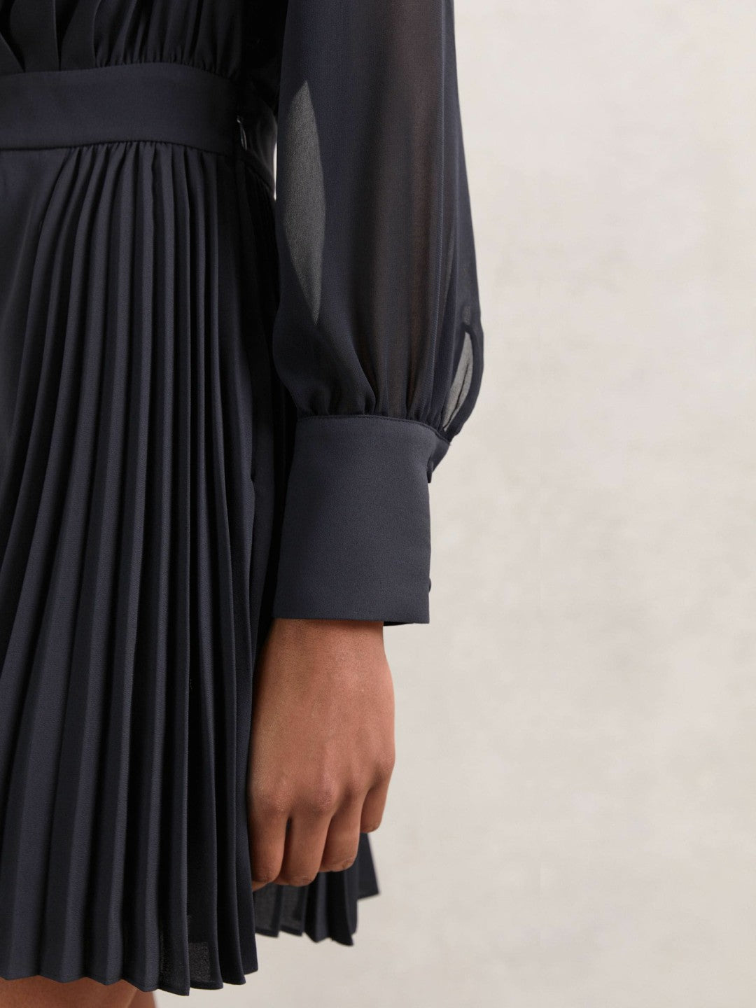Reiss Deal - Pleated Sheer-Sleeve Mini Dress in Navy