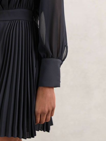 Reiss Deal - Pleated Sheer-Sleeve Mini Dress in Navy