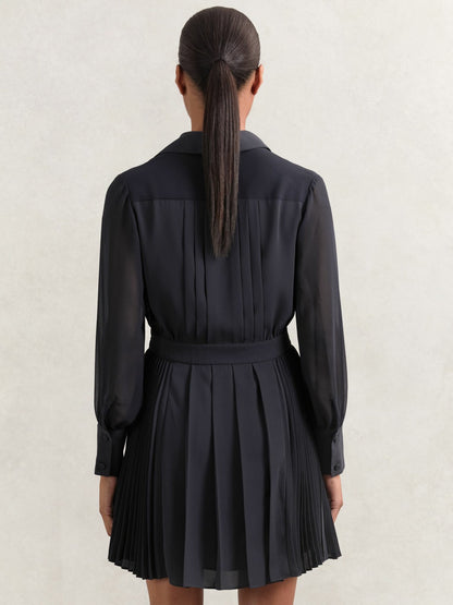 Reiss Deal - Pleated Sheer-Sleeve Mini Dress in Navy