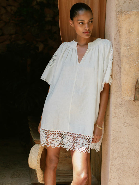 Reiss Linen Embroidered Shift Dress in Ivory
