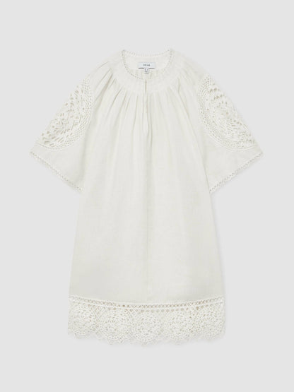 Reiss Linen Embroidered Shift Dress in Ivory