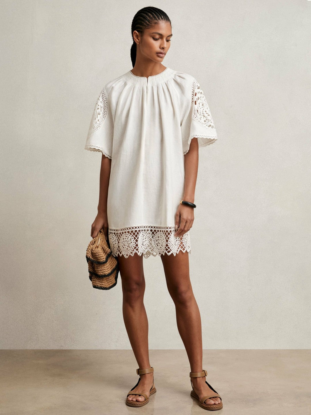 Reiss Linen Embroidered Shift Dress in Ivory
