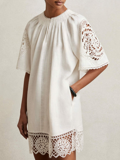Reiss Linen Embroidered Shift Dress in Ivory