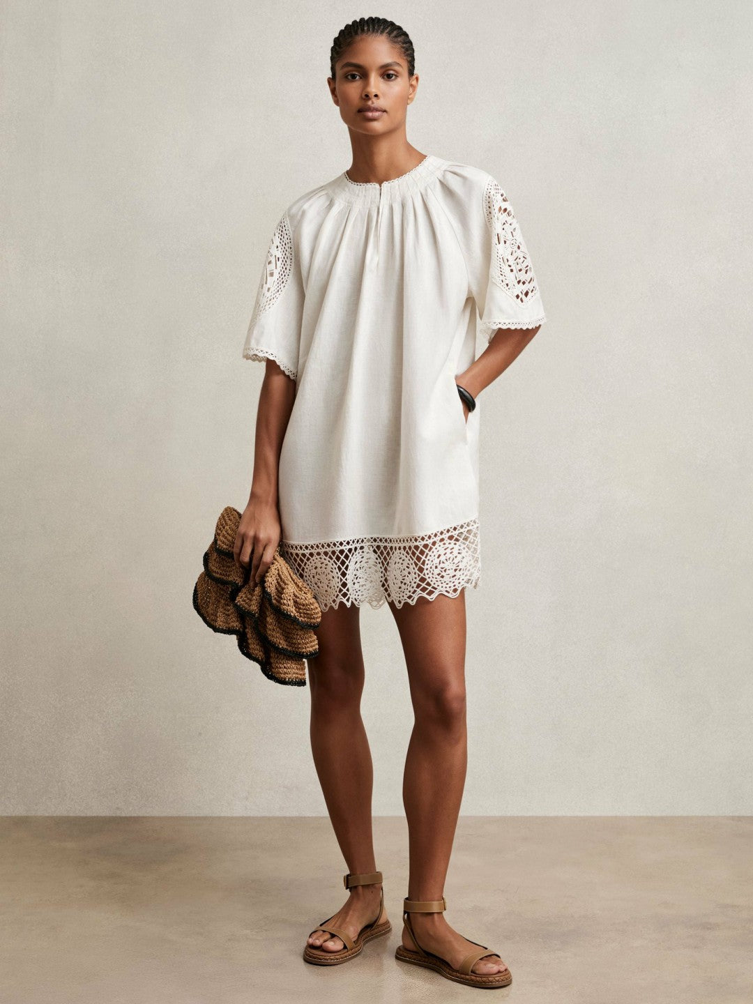 Reiss Linen Embroidered Shift Dress in Ivory