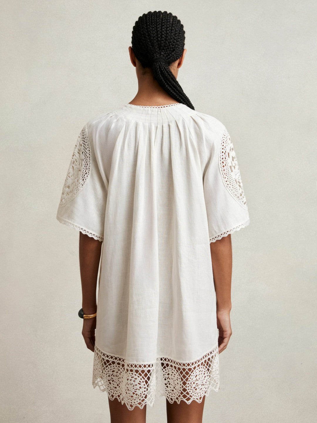 Reiss Linen Embroidered Shift Dress in Ivory
