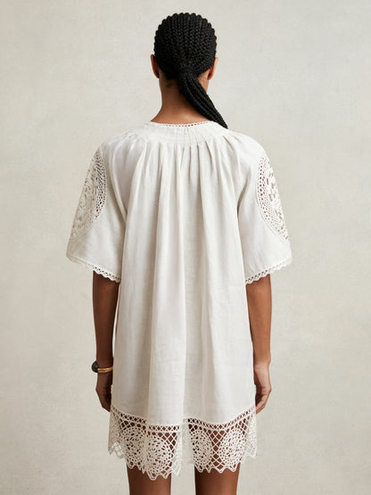 Reiss Linen Embroidered Shift Dress in Ivory