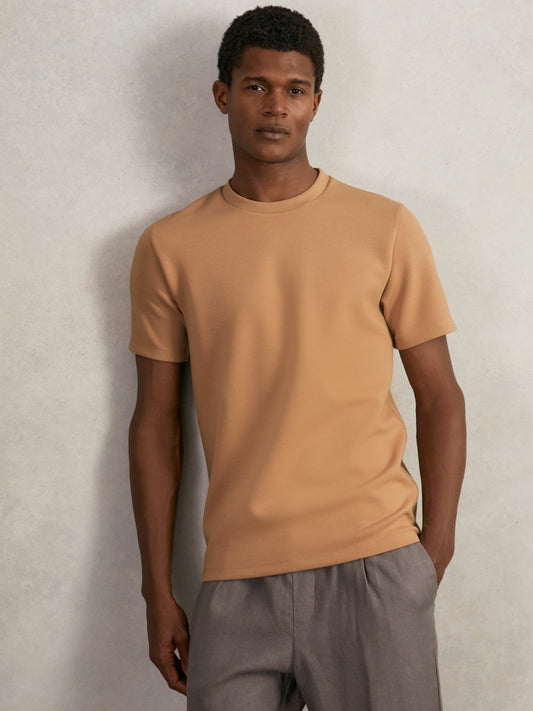 Reiss Best Seller - Interlock Jersey Crew Neck T-Shirt in Light Camel Brown