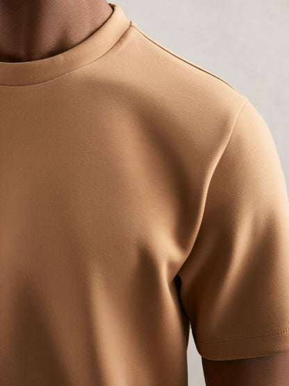 Reiss Best Seller - Interlock Jersey Crew Neck T-Shirt in Light Camel Brown