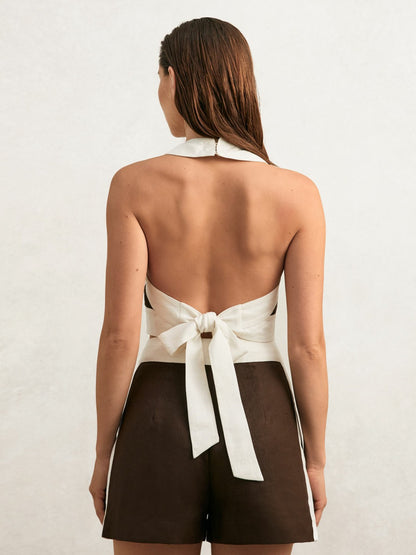 Reiss Linen Halterneck Cropped Top in Chocolate/Cream