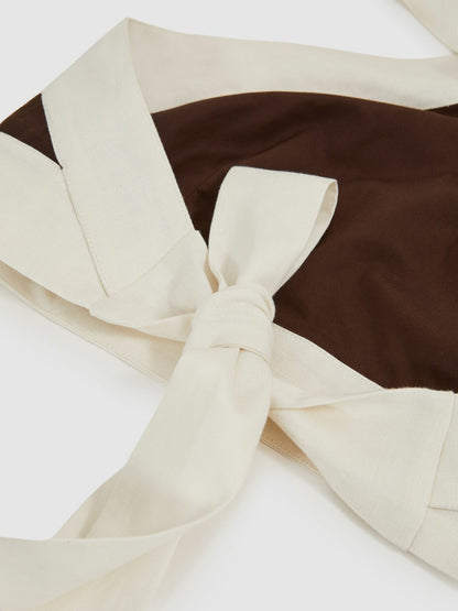 Reiss Linen Halterneck Cropped Top in Chocolate/Cream