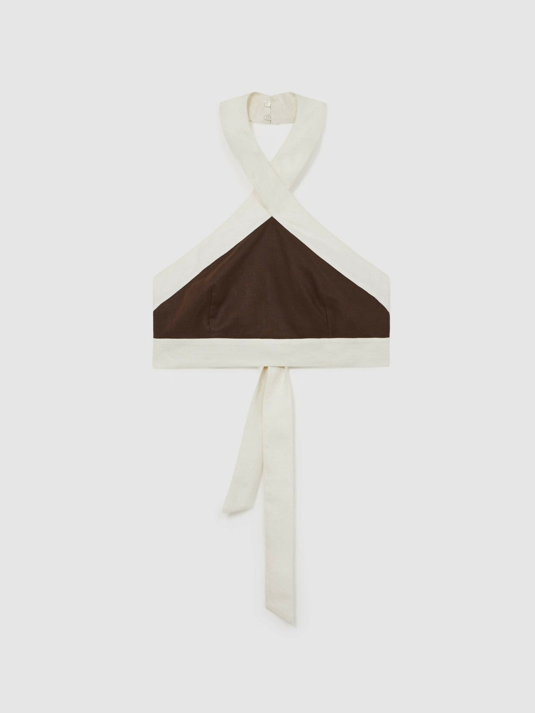 Reiss Linen Halterneck Cropped Top in Chocolate/Cream
