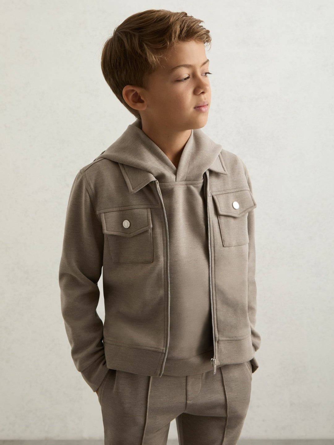 Reiss Affordable - 13-14 yrs Interlock Zip-Through Overshirt in Taupe Brown