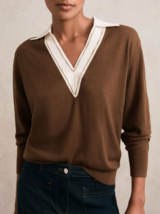 Reiss Featured - Wool Collared Cricket Jumper in Chocolate Brown/Ivory