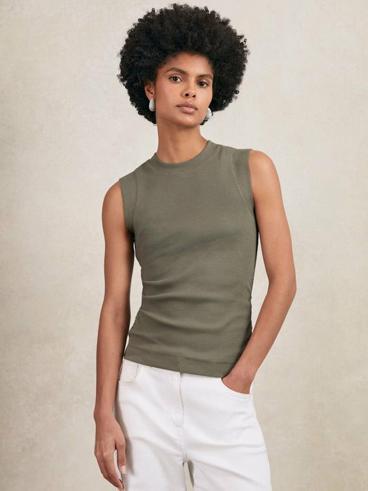 Reiss Savings - Ribbed Ruched Waist Vest in Khaki Green