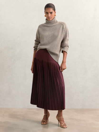 Reiss Pleated Midi Skirt in Burgundy