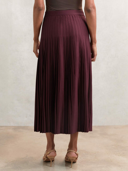 Reiss Pleated Midi Skirt in Burgundy