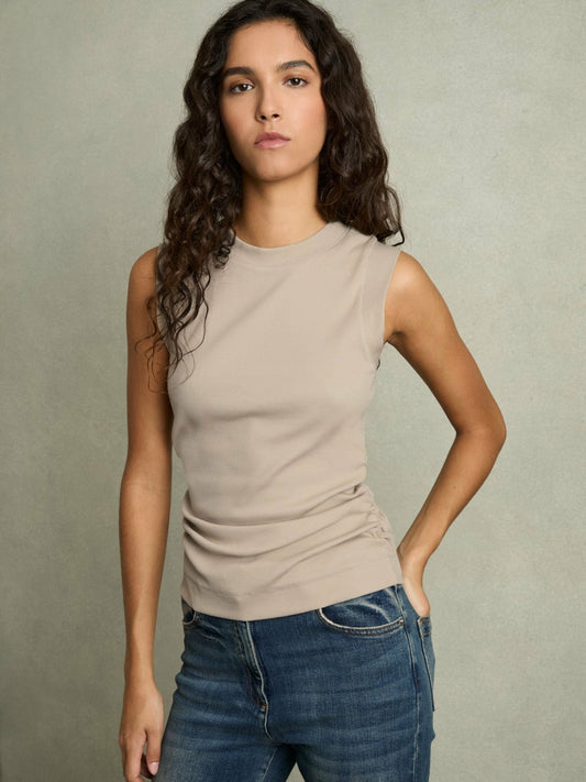 Reiss Ribbed Ruched Waist Vest in Camel