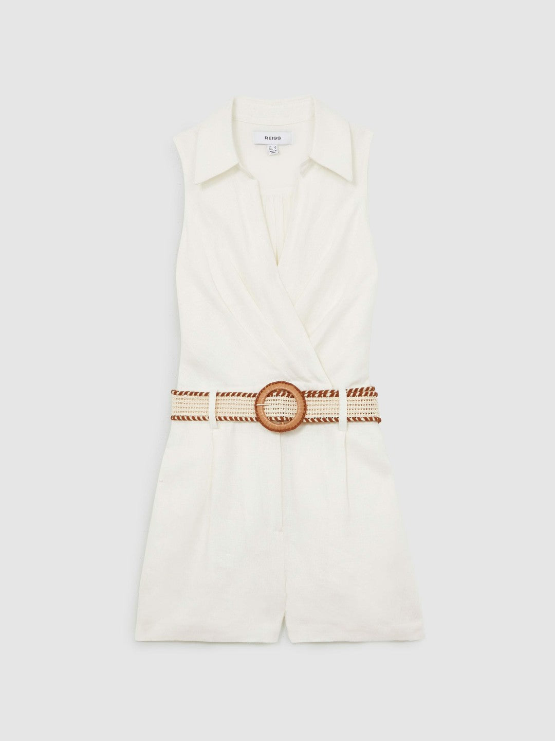 Reiss Best Seller - Linen Belted Sleeveless Wrap Playsuit in Cream