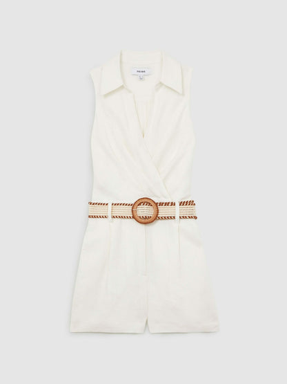 Reiss Best Seller - Linen Belted Sleeveless Wrap Playsuit in Cream