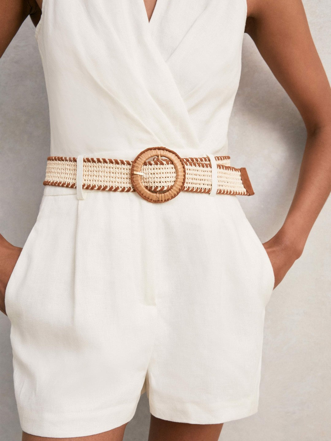 Reiss Best Seller - Linen Belted Sleeveless Wrap Playsuit in Cream