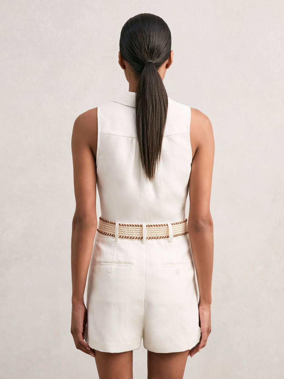 Reiss Best Seller - Linen Belted Sleeveless Wrap Playsuit in Cream