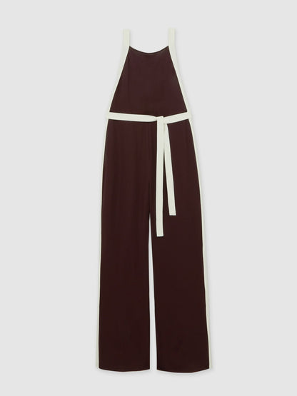 Reiss Value - Petite Colourblock Wide Leg Belted Jumpsuit in Burgundy/Cream