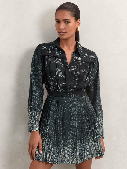 Reiss Printed Pleated Shirt Dress in Navy
