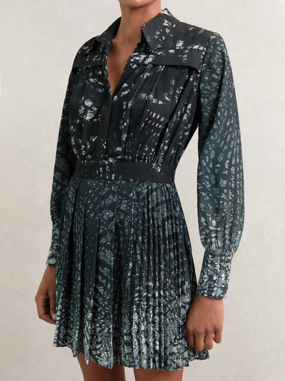 Reiss Printed Pleated Shirt Dress in Navy