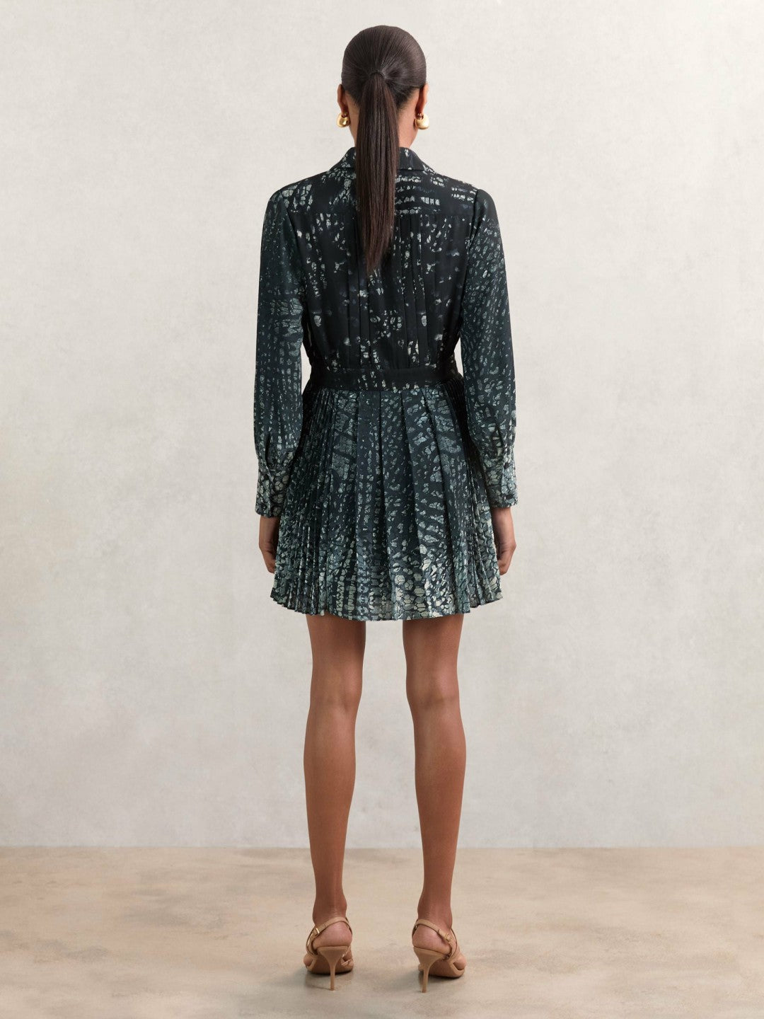 Reiss Printed Pleated Shirt Dress in Navy