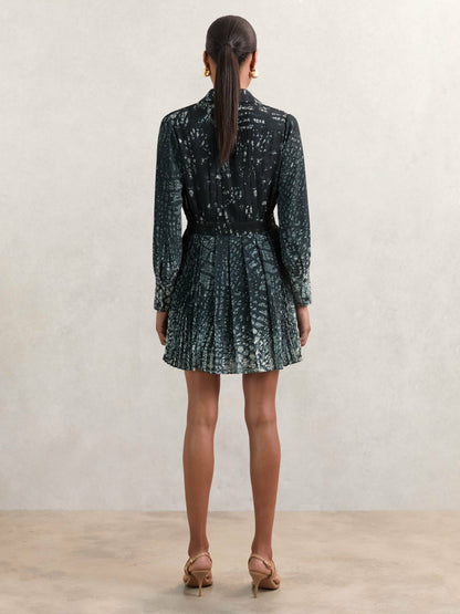 Reiss Printed Pleated Shirt Dress in Navy