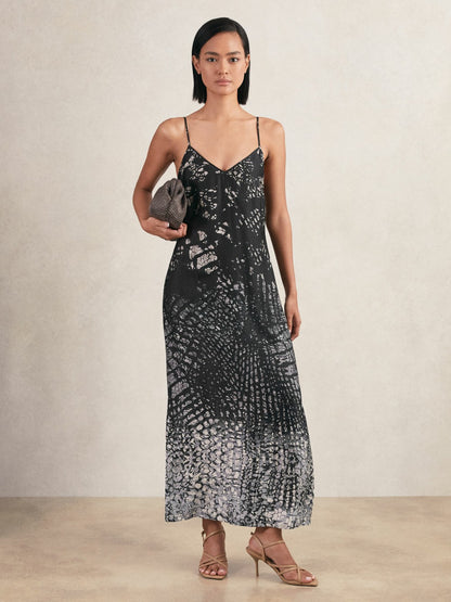 Reiss Printed Maxi Slip Dress in Navy