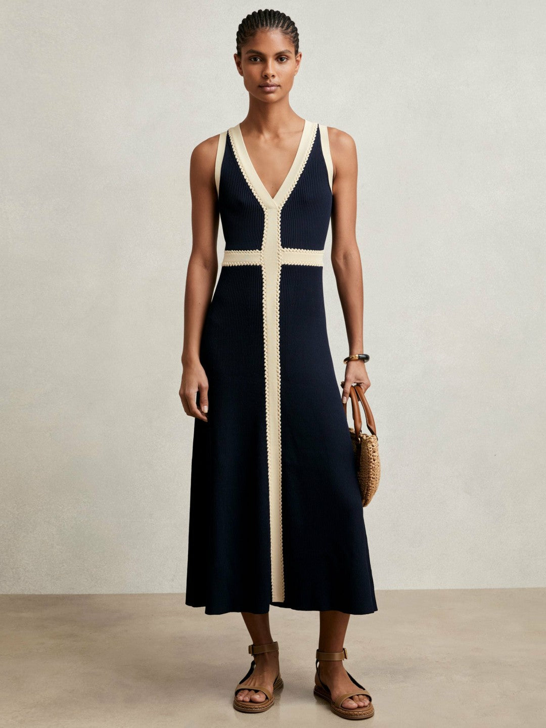 Reiss Craft-Stitch Knitted Midi Dress in Navy